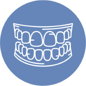 White and blue icon of two rows of teeth