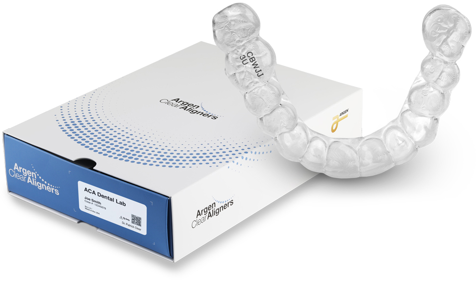 Argen clear aligner next to white and blue clear aligner box