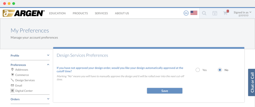 Design Services Order Preferences Menu