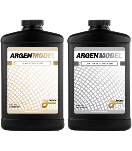 2 bottles of Argen Model 3D Printing Resin, one in beige and one in light grey