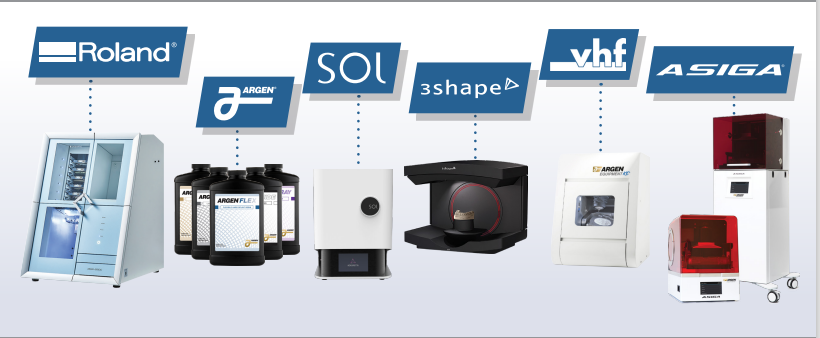 Row of equipment sold by Argen Roland 52DC, Argen Resins, Sol 3D printer, 3Shape F8 scanner, vhf E5 mill and Asiga 3D printers